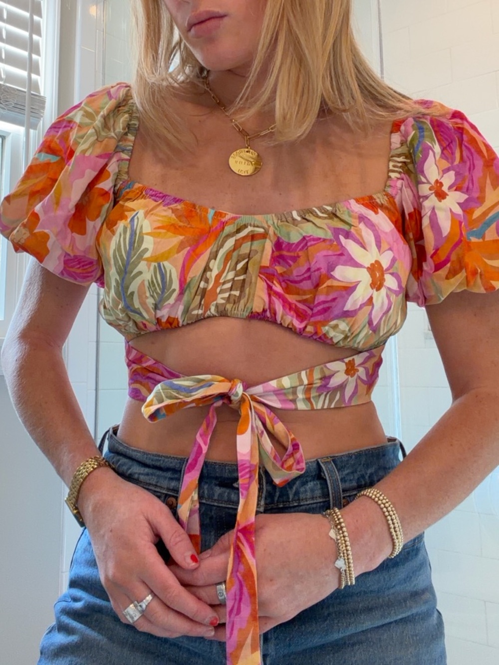 Astr Floral Tie-Front Crop Top in Pink, Orange, Green